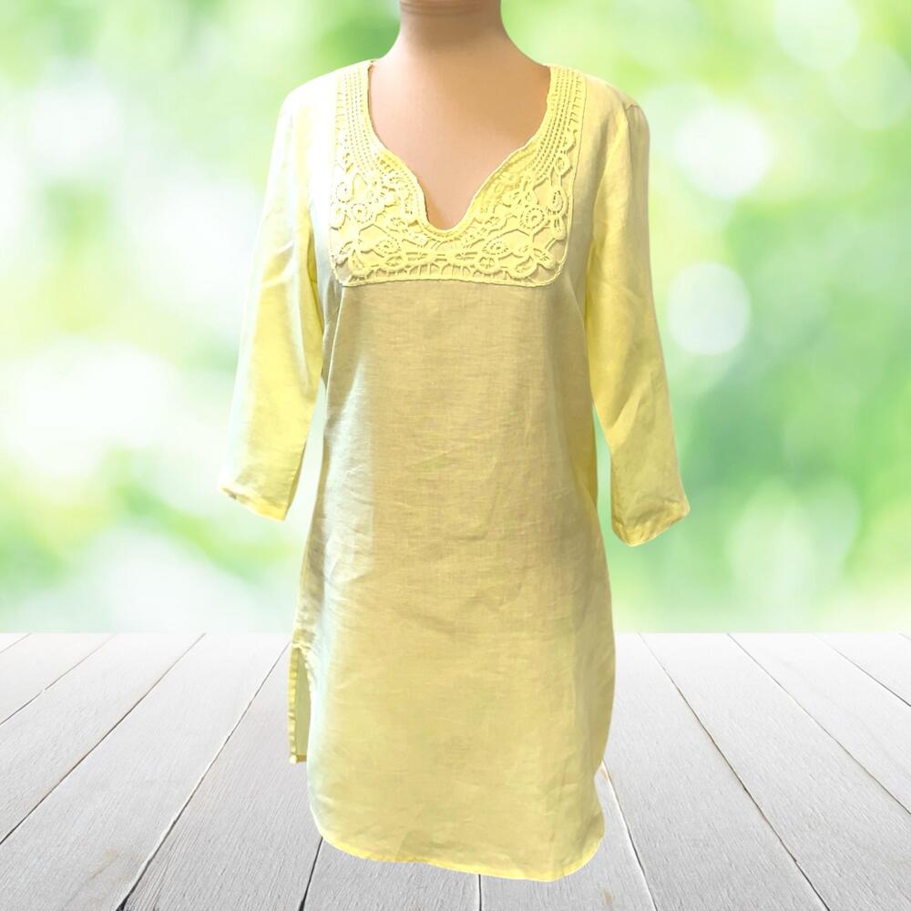 MALVIN Germany Linen Shift Dress Yellow Crochet Neck Resort 3/4 Sleeve Size M